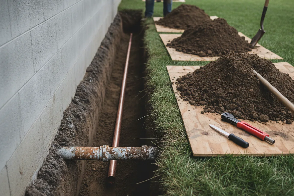 Excavated water line trench during Sewer Line Repair in Marlton